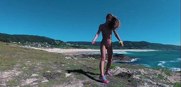  Russian Girl Sasha Bikeyeva - Spain Galicia beach Doninos. Perfect body naked nudist girl teasing and dancing on the coast of the Atlantic Ocean